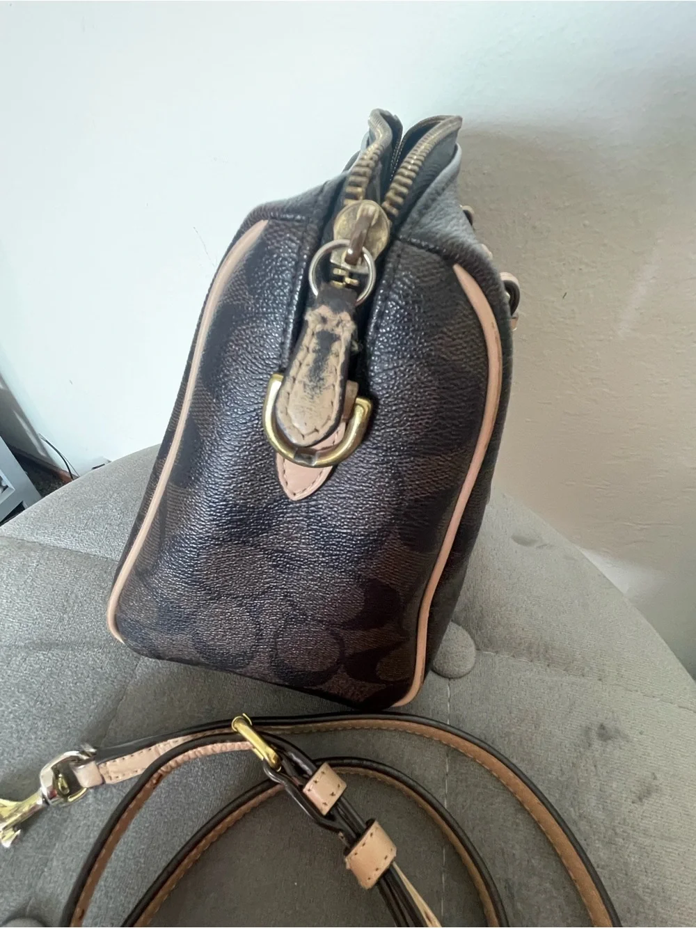 Coach Brown Signature Satchel with Beige Trim and Red Tag